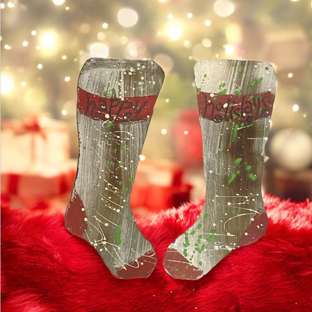 VINTAGE TIN STOCKINGS -- Rustic, Hanging, Thin Cut Tin, "Happy" & "Holidays"
